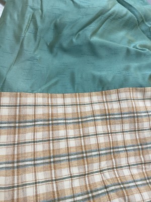 Lot 2132 - Two pairs of curtains green and green check panel, lined and interlined. Measures 75cms across pencil pleat heading, drop 220cms, second pair measures 120cms across pencil pleat, drop both appro...