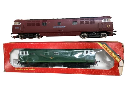 Lot 2019 - Hornby OO Gauge BR maroon Class 52 Western Courier D1062 and BR green Class 35 Hymek D7063 diesel locomotives, plus seven rolling stock vans, tankers & wagons (9)