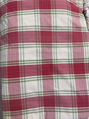 Lot 2134 - Pair of red check curtains, lined and interlined, 140cms across pinch pleat, drop 200cms. Plus a pair of green and yellow printed floral design curtains, lined and interlined. Second pair mea...