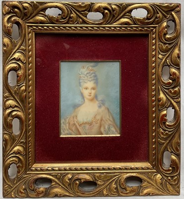 Lot 37 - 18th Century style Portrait of a Lady, mixed media on ivorine panel 9.5cm x 7.5cm, in gilt frame.