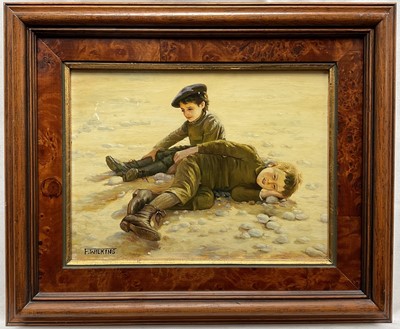 Lot 38 - F.Wilkins, oil on board, Two boys on a Beach, 17cm x 23cm, framed
