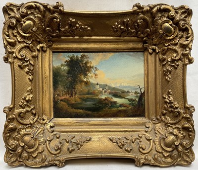 Lot 41 - 19th Century Continental Landsape with Castle, oil on board, indisctly signed verso, 9cm x 12.5cm, in guilt frame.