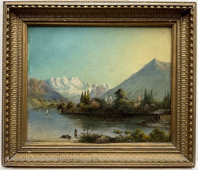Lot 43 - 18th Century Lake and Mountain Scene, oil on board, 22cm x 27cm, framed.