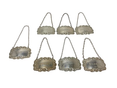 Lot 260 - Group of seven contemporary silver wine / decanter labels, x2 Brandy, x2 Sherry, X2 Gin and x1 Whisky, (various dates and makers), all at 3ozs.
