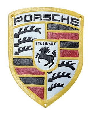 Lot Modern metal garage wall Porsche plaque / sign, 28.5cm in overall height.