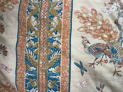 Lot 2135 - Pair of curtains printed oriental inspired design with peacocks and blossom, lined and interlined measures 100 cms across pinch pleat heading, drop 260 cms. Matching bay window curtains 200cms a...