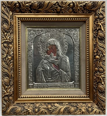 Lot 46 - Greek Icon with silver applied mount, 22cm x 19cm, in glazed frame.