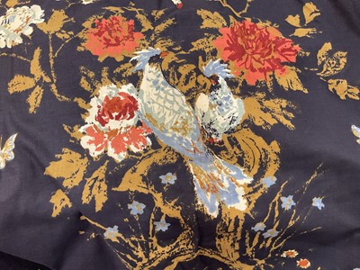Lot 2136 - Two pairs of curtains, Chinese cloisonné inspired design on black ground, lined and interlined, measures 120 cms across pinch pleat heading, drop 270 cms. All approximate measures.