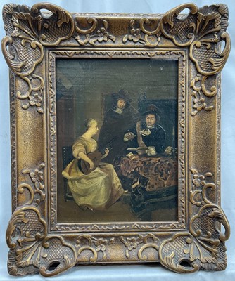 Lot 47 - Dutch interior scene, oil overpainted print on wood panel, 29cm x 22cm, framed.