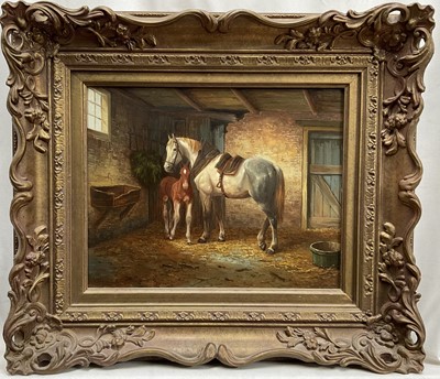 Lot 48 - Victorian style oil on wood panel, Mare and Foal in Stable, indistinctly signed, 23cm x 28.5cm, framed.