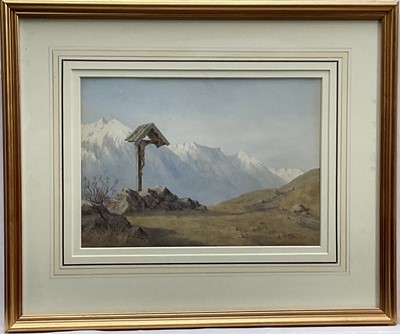 Lot 49 - A. M. Hamilton ( Late 19th century), watercolour, Shrine in a Mountain Landscape, signed, 21cm 29.5cm, in glazed frame.