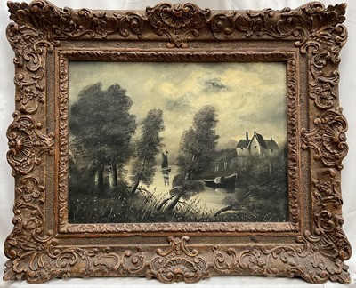 Lot 52 - Oil on canvas, River scene in black and white, 26cm x 35cm, in gilt frame.