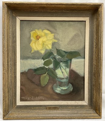 Lot 53 - Margit Birkholm, oil on board, Still life - Yellow Rose in a Vase, signed, 35cm x 28cm, framed.