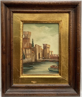 Lot 54 - 19th Century style oil on board, City Gate, indistinctly signed, 16.5cm x 11cm, in glazed frame.