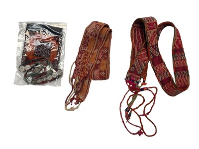 Lot 2140 - Group of Chinese Miao textile items including scarf, hats etc, plus woven belts and printed fabric.