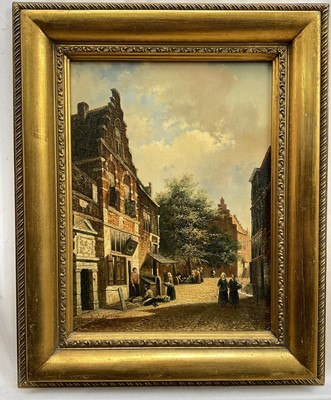 Lot 55 - Guy Verbier, 18th Century style Dutch Street Scene, oil on board, 39cm x 29cm, in gilt frame.
