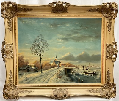 Lot 56 - J. Benoit, oil on canvas,Winter Landscape, signed, 40cm x 50cm, framed.