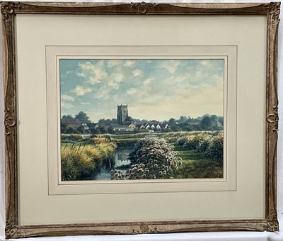 Lot 58 - Michael Pettersson (b. 1939) watercolour, View of Village and Church, signed and dated 1989, 27cm x 36cm, in glazed frame.