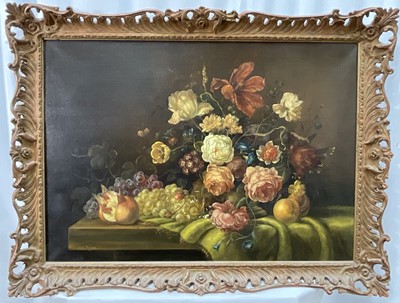 Lot 61 - Van Bruijn, Still life - Flowers and Fruit, signed, 70cm x 50cm, framed.