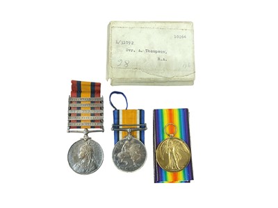 Lot 733 - Boer War Queen's South Africa medal with five clasps- Cape Colony, Orange Free State, Transvaal, South Africa 1901 and South Africa 1902, named to 5901 PTE. H. Thompson. Middx. Regt. M.I., toget...
