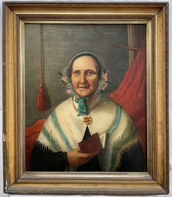 Lot 63 - 19th Century naive oil on canvas, Portrait of a Woman with a Prayer Book, 60cm x 49.5cm, in gilt frame.