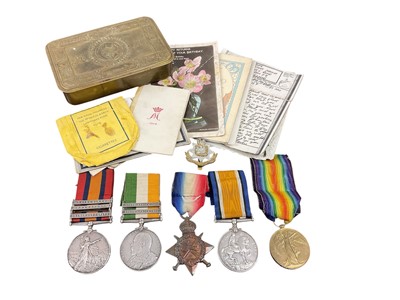 Lot 734 - Boer War and later medal group comprising Queen's South Africa medal with three clasps- Orange Free State, Transvaal and Laing's Nek, named to 5702 PTE. F. South. 2nd. Bn. E. Surrey. Regt., King...