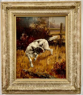 Lot 64 - A. Kis Kiss, oil on board, English Setter Pointing, signed and dated 1982, 49cm x 39cm, framed.