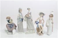 Lot 2102 - Five Lladro porcelain figures - lady with hen,...