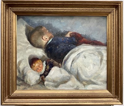 Lot 66 - Vladimir Petrovich Chernousenko (1932 -2000) Sleeping Child with a Doll, signed in cyrillic and dated 1955, 47.5cm x 58cm, framed.