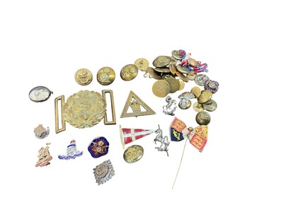 Lot 739 - Victorian Royal Navy belt buckle, together with a First World War 'On War Service 1916' badge and other badges and militaria.