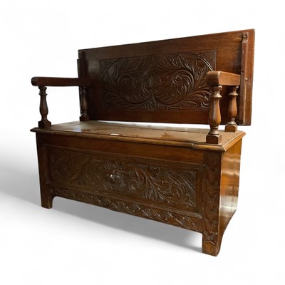 Lot 1426 - 1930s carved oak monk's bench