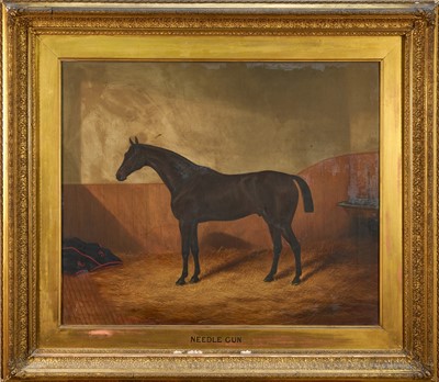 Lot 1164 - Albert Clark (act. 1821-1910) oil on canvas - a bay horse in a stable, ‘Needle Gun’, signed and dated 1882, 51cm x 61cm, in original gilt frame