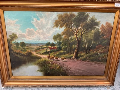 Lot 1218 - E. Chester - antique oil on canvas - figure herding sheep
