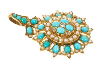 Lot Victorian turquoise, pearl and diamond pendant with locket compartment to the reverse