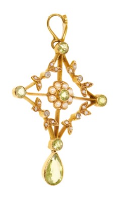 Lot 425 - Edwardian peridot, diamond and seed peal pendant