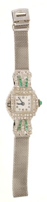 Lot Art Deco diamond and emerald cocktail watch in platinum setting