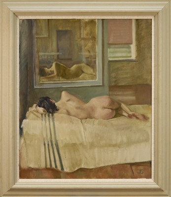 Lot 1106 - Jack Stephenson (1945-2025) oil on canvas - Reclining Female Nude, monogrammed, 65cm x 54cm, in painted frame