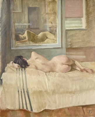 Lot 1106 - Jack Stephenson (1945-2025) oil on canvas - Reclining Female Nude, monogrammed, 65cm x 54cm, in painted frame