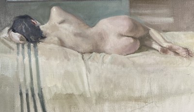 Lot 1106 - Jack Stephenson (1945-2025) oil on canvas - Reclining Female Nude, monogrammed, 65cm x 54cm, in painted frame