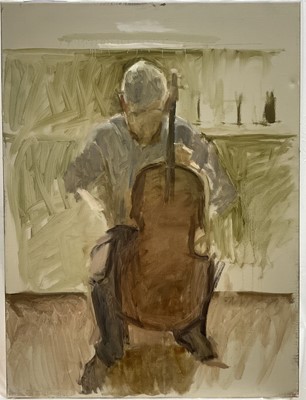 Lot 1111 - Jack Stephenson (1945-2025) oil sketch on canvas - The Cello Player, 80cm x 60cm, unframed