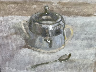 Lot 1113 - Jack Stephenson (1945-2025) oil on canvas - Sugar Bowl, monogrammed, signed and titled verso, 25.5cm x 20.5cm, in painted frame