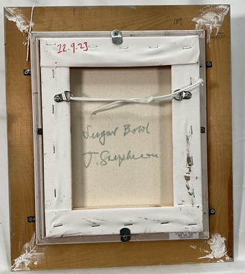 Lot 1113 - Jack Stephenson (1945-2025) oil on canvas - Sugar Bowl, monogrammed, signed and titled verso, 25.5cm x 20.5cm, in painted frame