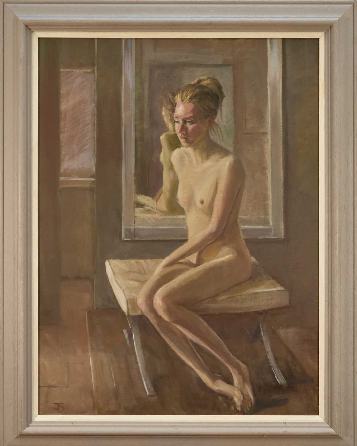 Lot 1112 - Jack Stephenson (1945-2025) oil on canvas - Seated Female Nude, monogrammed, 80cm x 60cm, in painted frame
