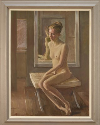 Lot 1112 - Jack Stephenson (1945-2025) oil on canvas - Seated Female Nude, monogrammed, 80cm x 60cm, in painted frame