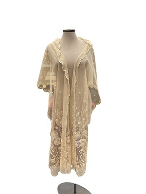 Lot 2143 - Antique long tambour lace stole with lace inserts. Design includes large scrolling chain stitch fuchsias.