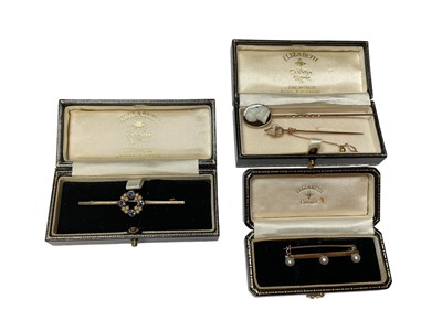Lot 25 - Edwardian 15ct gold blue stone and seed pearl bar brooch, yellow metal bar brooch set with three cultured pearls, freshwater pearl stick pin and a cameo stick pin (4)
