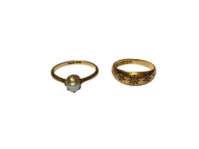 Lot 28 - 18ct gold single cultured pearl ring and 18ct gold diamond three stone gypsy set ring (2)