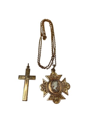 Lot 30 - 9ct gold cross shaped pendant set with a carved shell cameo, on 9ct gold chain and a 9ct gold cross pendant