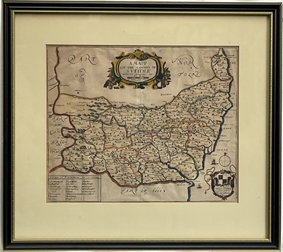Lot 1153 - Richard Blome - A Map of the County of Suffolk with its Hundreds, dedicated to Thomas Tymperley, hand-coloured engraved map, circa 1673