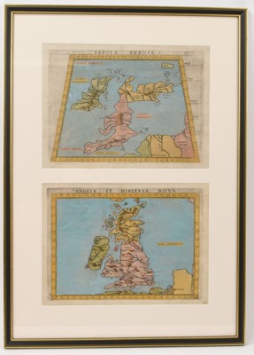 Lot 768 - Ruscelli - 16th century hand tinted maps - Tabula Europea and Anglia et Hibernia, framed together